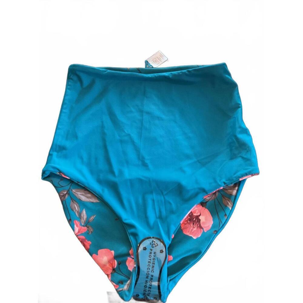 Coral Reef Reversible Floral Botanical High-Waisted Swim Bottom - Teal 8/10 - Picture 4 of 10